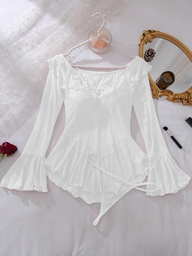 Image of OYOANGLE Women's 2 Piece Off Shoulder Long Sleeve Ruffle Mesh Sheer Nightgowns with Thongs Babydoll Lingerie Set