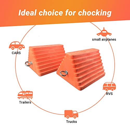 Image of HOXWELL 2 Packs Wheel Chocks Heavy Duty Orange with Eyebolt, Vehicle Chock for Travel Trailers, Camper, Truck, Car and ATV, 9.1 inch Length x 7.1 inch Width x 5.5 inch Height