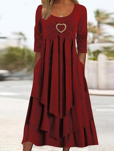 Akivide Womens Fall Dresses for Wedding Guest, Casual Plus Size Cute Heart Long Sleeve Tiered Maxi Dress with Pockets2