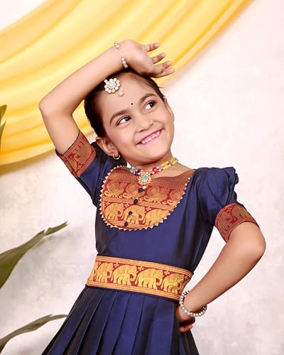 Image of Girls Silk Pattu Gown for Kids Traditional South Indian Long Ethnic Dress | Baby Girl Festival Pavadai Sattai Style Party Wedding Birthday Special Occasion Outfit