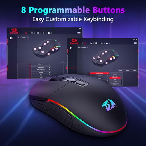 Image of Redragon Wireless Gaming Mouse, Bluetooth /2.4Ghz /USB-C Wired RGB Backlit Gamer Mouse, 24000 DPI, Fully Programmable, Rapid Fire Key, Rechargeable Computer Mouse for Laptop PC Mac, Black