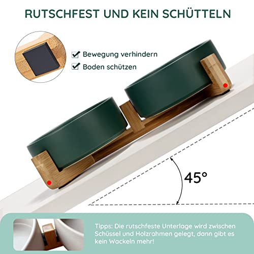 SPUNKYJUNKY Hundenapf Keramik Doppel Hund Futternapf mit Bambus Ständer für Katzen und Hunde (400ml, 1-Grün)