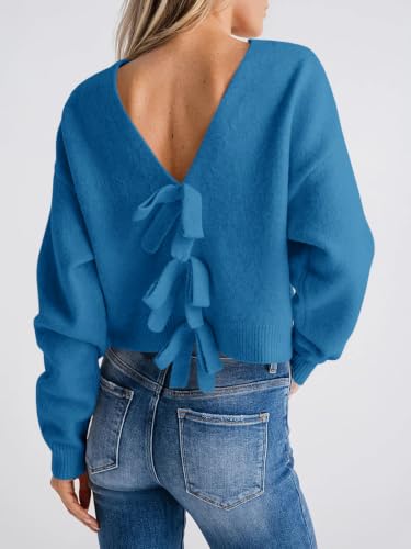 Image of Saodimallsu Womens Bow Sweater Cropped V Neck Long Sleeve Pullover Tops | Soft Cozy Knit, Two-Way Wear Design, Front & Back Bow, Cute Fall Tops 2026, Winter Fashion, Dressy Casual Holiday Outfits