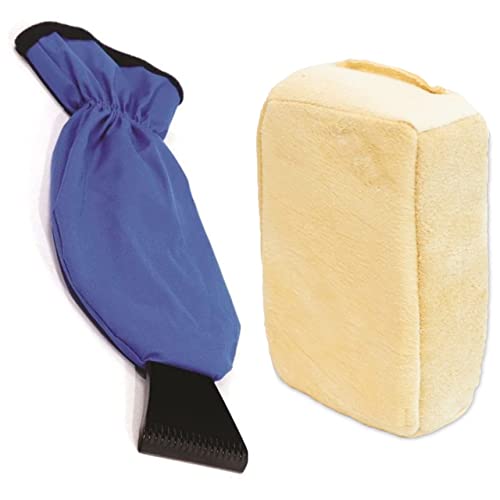 Car Ice Frost Scraper Mitt Frost Glove & Small Natural Chamois Leather Window Demister Pad