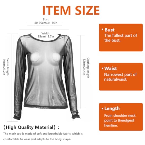 KEQAR Sexy Camiseta de Rejilla Mujer Transparente Mesh Sheer Top con Cuello Redondo para Clubwear, Fiestas y Looks Diarios - Material Suave y Transpirable para Comodidad y Estilo (Negro)