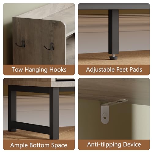 Image of Shoe Cabinet with 4 Flip Drawers, Freestanding Hidden Shoe Storage Organizer for Entryway, Narrow Slim Shoe Rack Cabinet with Open Storage & Hooks for Front Door Entrance, Living Room, Hallway, Grey