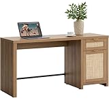 SICOTAS Rattan Executive Desk with Storage, 59' Boho Home Office Desk with Cabinets and Drawers, Large Computer Table Vanity Desk for Office, Study, Living Room, Oak