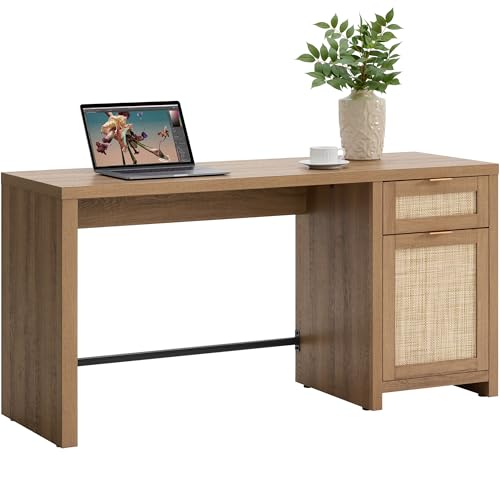 Image of SICOTAS Rattan Computer Desk Wood Desk with Drawer, 59 inch Home Office Desk | Large Boho Farmhouse Writing Table Vanity Desk with Cabinet for Office, Study, Living Room, Dining Room