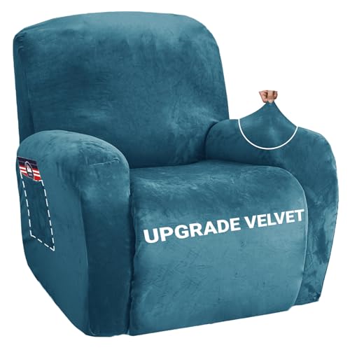 Image of ZNSAYOTX Stretch Velvet Recliner Cover 4-Pieces, Thick Soft Recliner Chair Slipcover with Pocket, Non-Slip Elastic Bottom for Kids Pets, Luxury Plush Reclining Protector Comfy Washable (Peacock Blue)