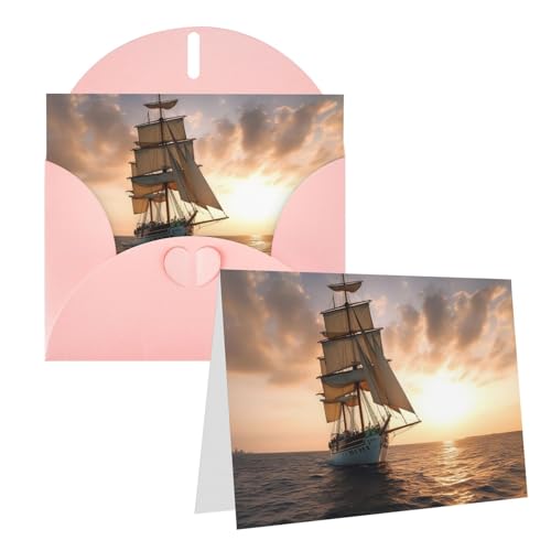 QMNEHJ グリーティングカード サンキューカード 封筒付き ブランクノートカード 4x6インチ バースデーカード ホワイトセーリングシップ 日没時のウェディングカード お悔やみカード おもしろい思考カード あらゆる機会に