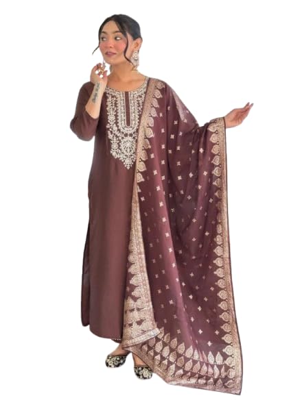 Women's Embroidered Kurta Set with Jaquard Dupatta, Floral Zari Work, Ethnic Wear, 3/4 Sleeves, Brown-picture-54
