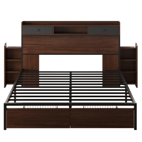 Image of LIKIMIO Queen Bed Frame with Storage & 4 Drawers & 2 Nightstands Walnut | Slide Out Bedside Nightstands, Storage Shelf, Charging Station, No Box Spring Needed, Easy Assembly, Mid-Century Modern