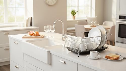 Image of Stainless Steel Kitchen Dish Drying Rack with Draining Tray and Cutlery Holder Tub, Utensil Basket /Plate Stand /Bartan Basket /Dish Rack, Durable and Rust-Free, Chrome Finish, Compact Size