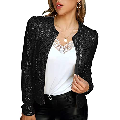 Image of qfmqkpi Womens Fashion Shiny Sequin Long Sleeve Cropped Suit Jacket Party Clubwear Black S