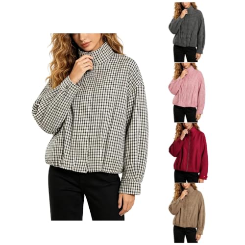 TRCELECTROP Plaid Bomber Jacket Women Lightweight Zip Up Stand Collar Fall Coat Oversized Cropped Gingham Jacket with Pockets - image 1