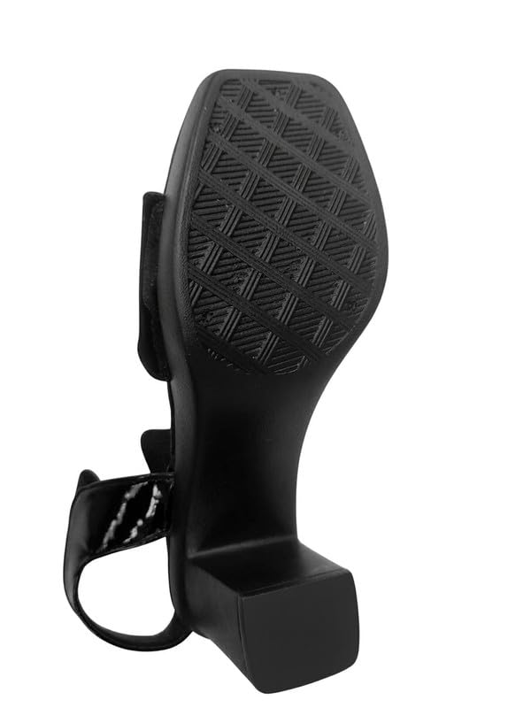 Image of Women's Black Block Heel Sandals, Open Toe with Ankle Strap, Suede and Patent Finish GW S10