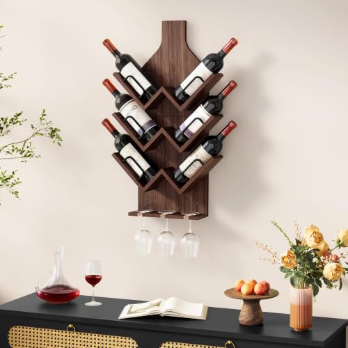 Image of Hoctieon Wine Rack Wall Mounted, 6 Bottles Wood Wine Rack for Display and Storage, Hanging Bottle Holder Bar Shelves for Living Room, Kitchen, Dining Room, Wine Cellar, Walnut
