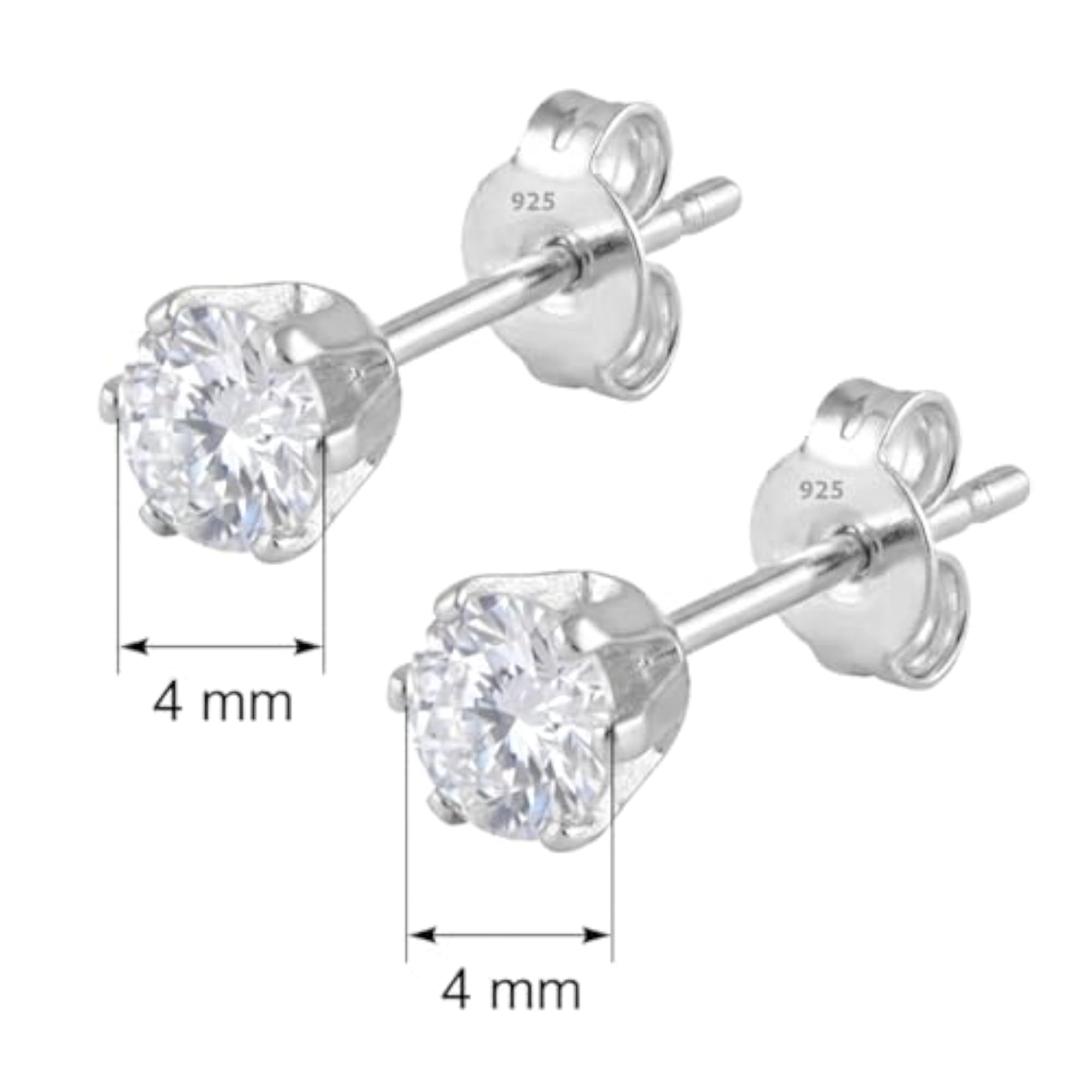 Unisex 925 Sterling Silver Round CZ Solitaire Stud Earrings