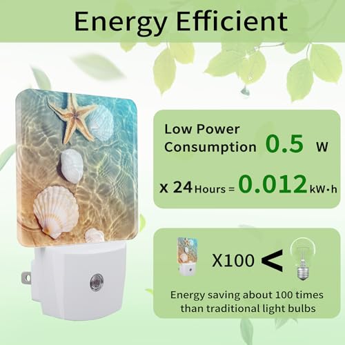 Image of Starfish Seashell on Beach Night Light, Summmer Beach Night Light Plug into Wall with Dusk to Dawn Sensor, LED Lamp Energy Saving Lights for Men Women Boys Girls,Lamp for Bedroom Bathroom Hallway
