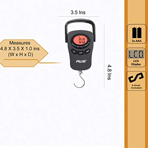 Image of American Weigh Scales PK-110 Digital Hanging Scale - 110lb x 0.1lb Capacity, Red Backlit LCD Display, Portable Electronic Luggage & Fishing Scale (Black)