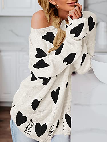 Chang Yun Women Off Shoulder Knitted Pullovers Sweater Loose Long Sleeve Hearts Printed Ripped Tops2