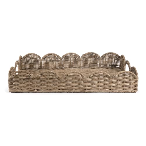 happimess TRY1000A Scalloped 21.5" Southwestern Cottage Hand-Woven Rattan Tray with Handles for Storage,Decoration, Display, Coffee Table or Serving Food, Natural by happimess - Used condition - US$22.20