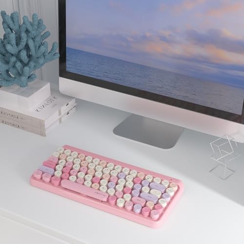 Image of UBOTIE Portable Bluetooth Colorful Computer Keyboards, Wireless Mini Compact Retro Typewriter Flexible 84Keys Design Keyboard (Pink-Colorful)