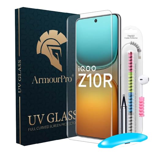 Image of ArmourPro UV Glue Tempered Glass for IQOO Z10R Curved Screen Protector, Edge-to-Edge Coverage, 9H Anti Scratch, HD Clarity, Easy UV Kit with Cable Protector
