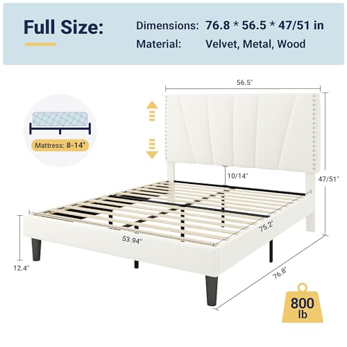 Image of Allewie Full Size Velvet Platform Bed Frame with Adjustable Headboard White | Height-Adjustable Velvet Headboard, Rivet-Style Nailhead Trim, Wooden Slat Support, No Box Spring Needed, Easy Assembly
