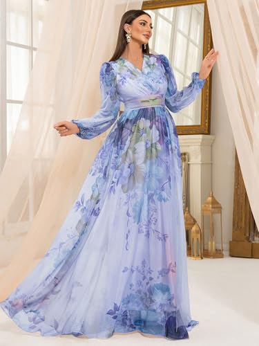Image of TOLEEN Summer Casual Dresses for Women 2024 Spring Fashion Boho V Neck Long Sleeve Ruffle Floral Print Elegant Maxi Dress