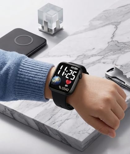 Image of Kids Digital led Smart Watch with Waterproof Digital Display, Black Silicone Band, Square Dial