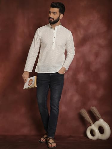 Image of SOJANYA (Since 1958 Men's Cream Pure Chicken Cotton Short Kurta