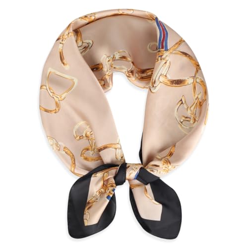 EXTREE Fashion Silky Satin Headscarf for Women Girls: Exquisite Pattern Lightweight Silk Graceful Scarfs 27.5 x 27.5 inches Chain Beige