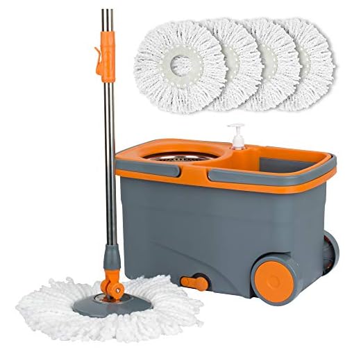 Casabella Microfiber Spin Mop and Bucket Floor Cleaning System Set with 4 Head Refills