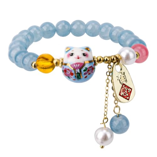Mikovivi Bracelet Porte-Bonheur Chat Maneki Neko pour Femme, Bracelet Chat Porte Bonheur avec Cristal Bleu Bijou Feng Shui pour la Richesse et la Protection
