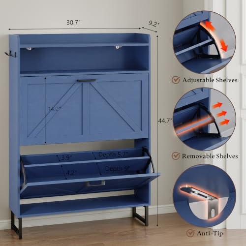 Image of BORNOON Shoe Cabinet with 2 Flip Drawers Narrow Shoe Storage Cabinet Organizer Wooden Freestanding Rack Hidden Slim Storage for Entryway, Hallway, Living Room, Bedroom