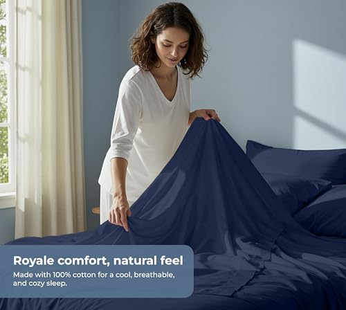 Image of ROYALE LINENS 100% Organic Cotton Twin Sheet Set - Percale Weave - 3 Pieces Set - 1 Flat, 1 Deep Pocket Fitted Sheet and 1 Pillowcases - Navy Bed Sheets - Sabanas Twin - Crisp Cool (Navy)