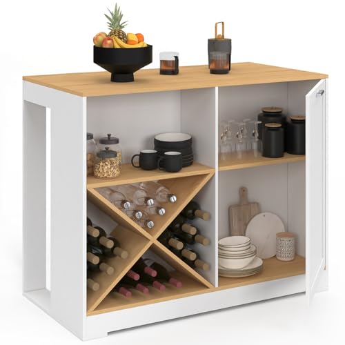 IDMarket - Isla de mesa Vito de 113 cm con estante para botellas de madera blanca y tablero en imitación de madera de haya