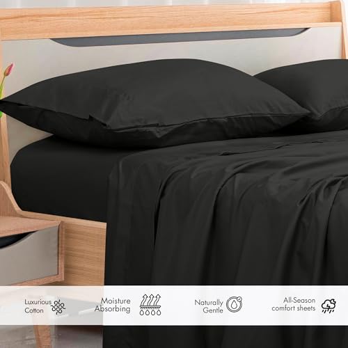 Image of Royale Linens 300 Thread Count 100% Long Staple Combed Cotton Flat Sheet - Super Soft - Top Sheets - Full Flat Sheet Sold Separately - Breathable, Cool & Crisp Percale Sheets Only (Twin XL, Black)
