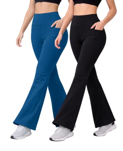 Image of Women's High Waist Bootcut Yoga Pants with Side Pockets | Flared Gym Leggings for Women | Stretchable Workout Bell Bottom Tights for Yoga, Gym, Running & Casual Wear Pack of 2