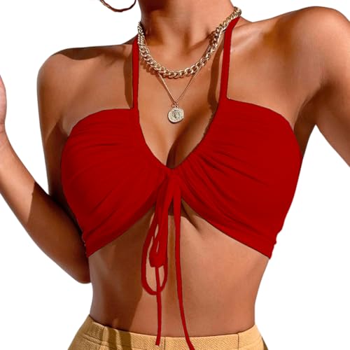 Top Cropped Canelado Feminino Faixa Ajustável Sensual Verao Modelador Tube Amarrações (Vermelho, Único - 36/44 (PP-G))