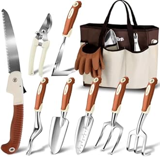 MelonArt Garden Tool Set,10 Pcs Heavy Duty Gardening Hand Tool Kit for Women Aluminum with Non Slip Ergonomic Handle, Storage Tote Bag and Gardening Gloves, Ideal Gifts for Women and Men