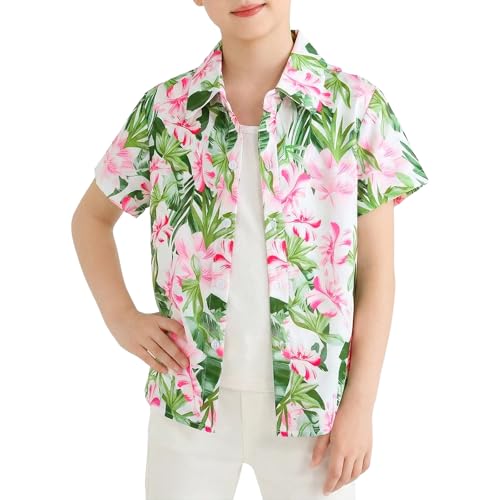 PNORATM Boys Girls Hawaiian Shirt Kids Summer Button Down Blouses Casual Short Sleeve Shirts Floral Graphic Tees Beach Vacation Summer Clothes Tops Tropical Hawaiian T Shirts for Boy Girl Pink