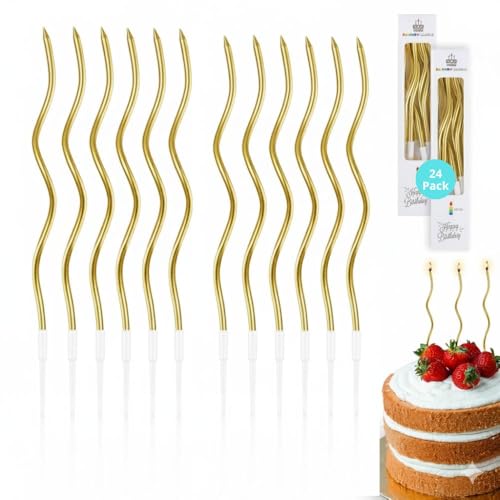 24 Velas Cumpleaños Originales Color Oro Metalizado | Vela fina de Cumpleaños Originales para Tarta Cupcakes con soporte | Largas y finas de 16,4 cm de color dorado
