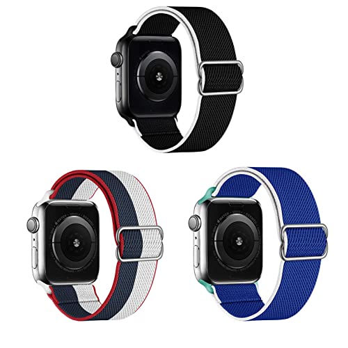 SOKUCIStretchy Solo Loop Bands Compatible with Apple Watch Band 38mm 40mm 41mm, Adjustable Nylon Braided Elastics Weave Women Men for iWatch Series7/6/5/4/3/2/1 SE (Black/Blue/Blue White), 3 Packs