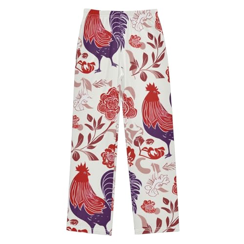 Rooster Rose Floral Boys Long Pants Soft Trousers Elastic Waist Kids Lounge Bottoms with Pockets S-XL