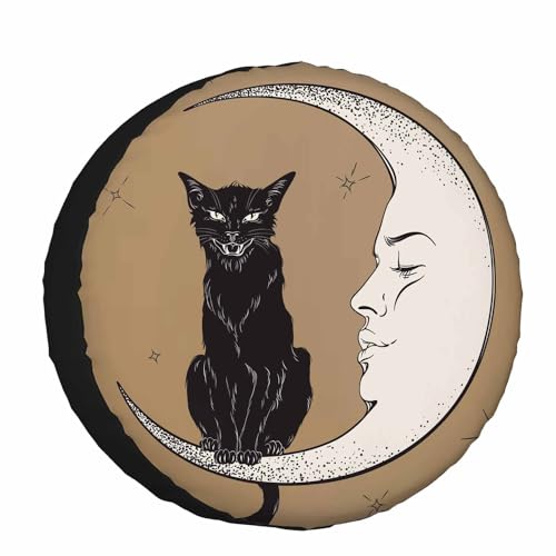 Black Cat Moon Spare Tire Cover for RV Trailer Halloween Magical Cat Wheel Protectors Weatherproof Polyester Tire Case for All Cars SUV Camper Travel 15 inch