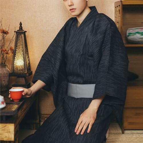 Men's Japanese Kimono with Obi Belt Traditional Pattern Yukata Robe Summer Kimono3