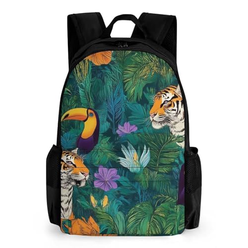 Backpack with Adjustable Strap, Adults Tropical Wild Animals Tigers Leaf Green Large Capacity Wear-Resistant Shoulder Bag Daypack for Sports, Cute Backpack for Daily Use