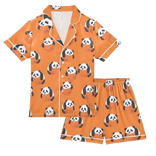 ALAZA Panda Basketball Ball Animal Satin Pajamas Set Short Sleeve Button Down Sleepwear Summer Pjs 2 Piece